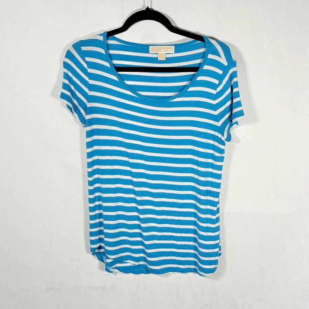 Michael Kors Striped Scoop Neck T Shirt Blue White Womens S Coastal Beach Bright